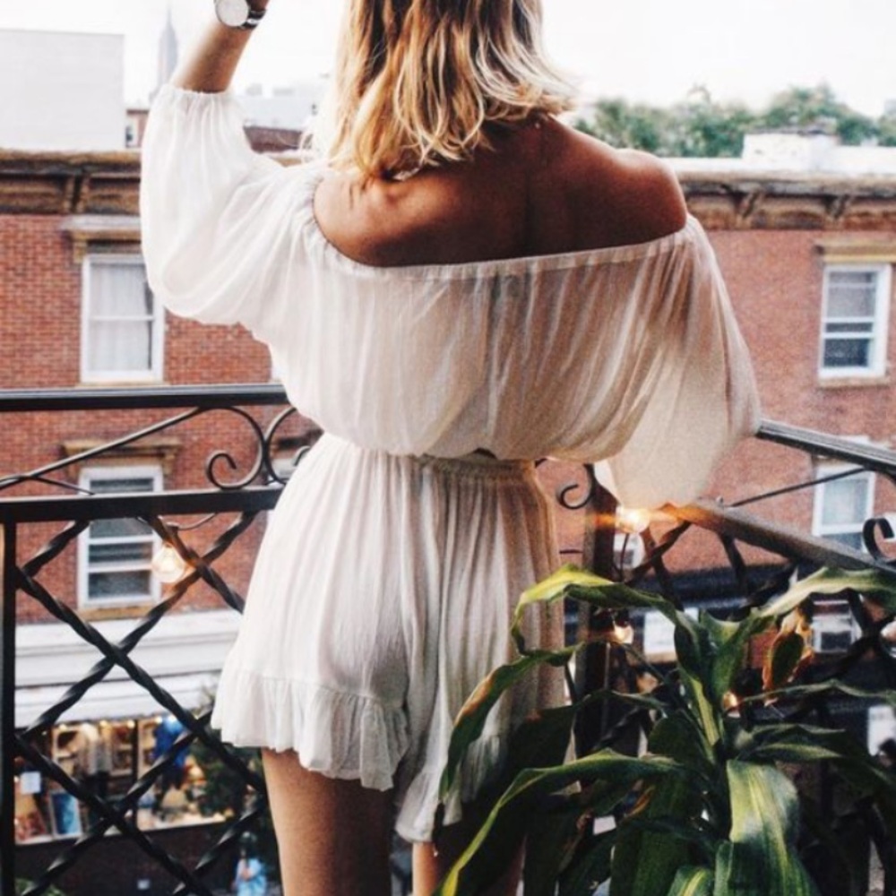 Fraiche By J Off The Shoulder Romper with Ruffled Hem and Elastic Waistband